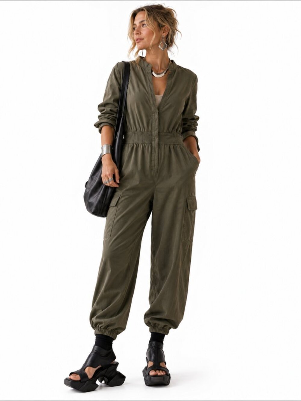 Athleta‎ Brooklyn Utility Jumpsuit Womens 14 Olive Cargo Travel Long Sleeve UPF